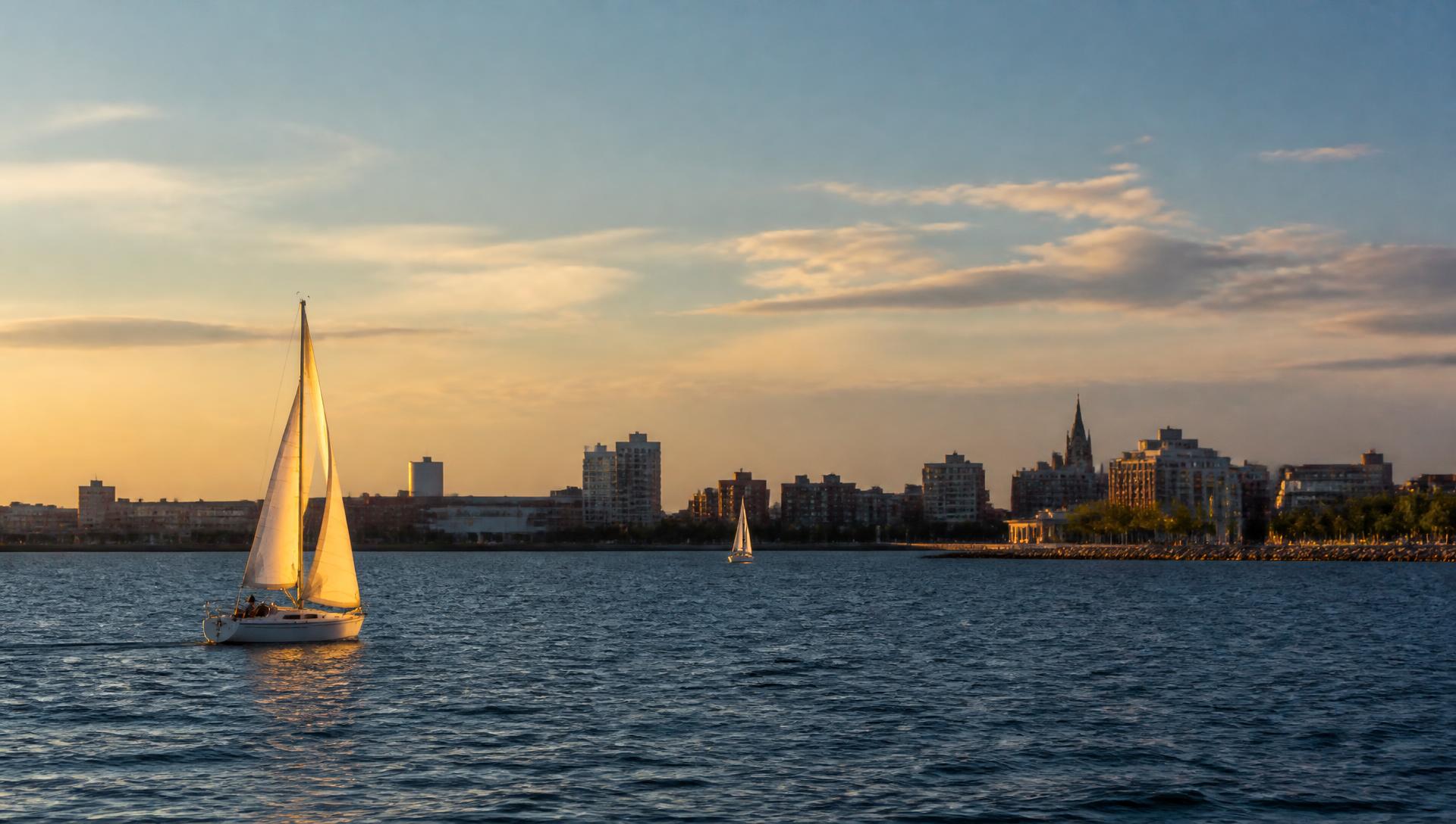 Sailboats on Lake Michigan at sunset with the Waukegan skyline in the distance